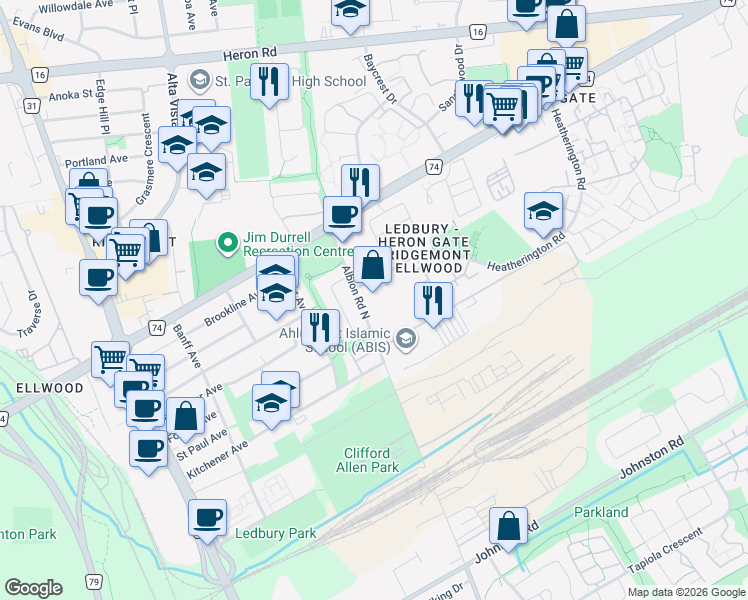 map of restaurants, bars, coffee shops, grocery stores, and more near 2975 Albion Road North in Ottawa