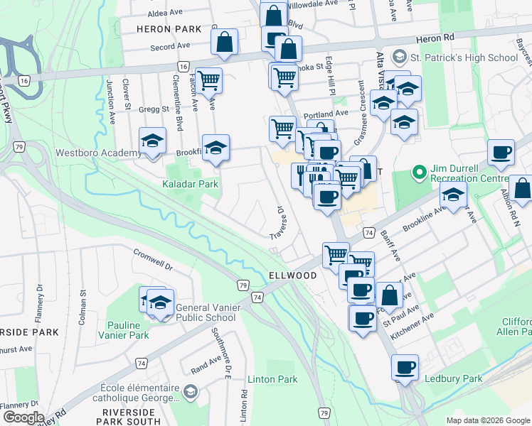 map of restaurants, bars, coffee shops, grocery stores, and more near 2546 Needham Crescent in Ottawa