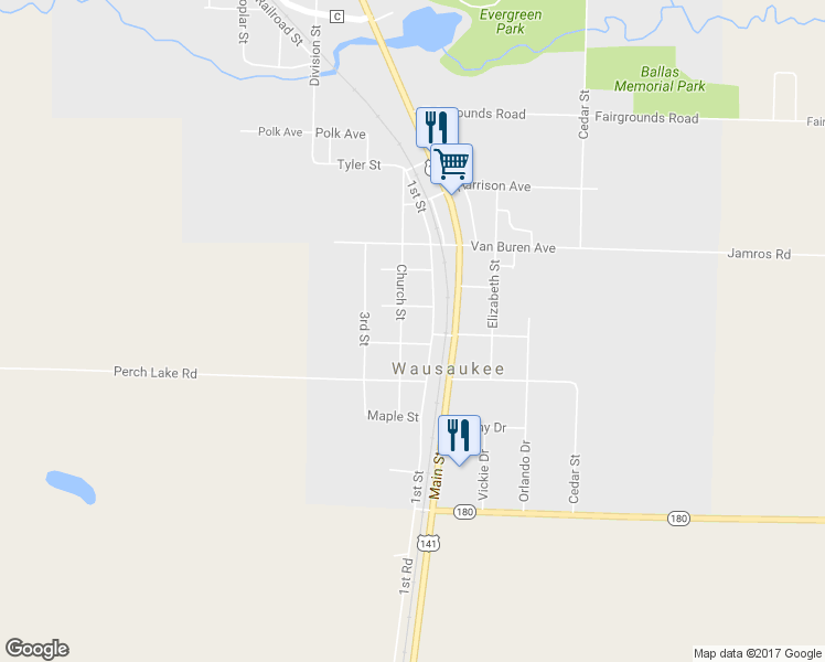map of restaurants, bars, coffee shops, grocery stores, and more near 408 Church Street in Wausaukee