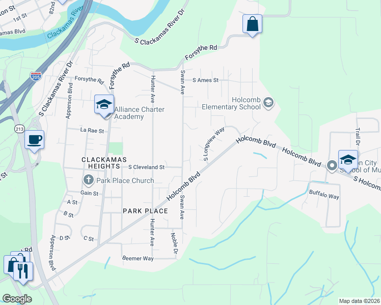 map of restaurants, bars, coffee shops, grocery stores, and more near 200 South Longview Way in Oregon City