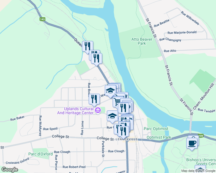map of restaurants, bars, coffee shops, grocery stores, and more near 225 Rue Queen in Sherbrooke