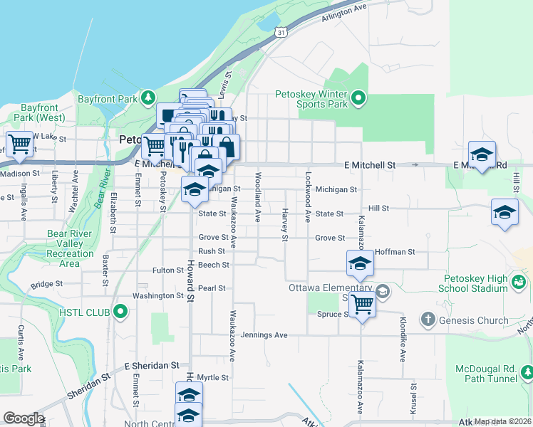 map of restaurants, bars, coffee shops, grocery stores, and more near 614 State St in Petoskey