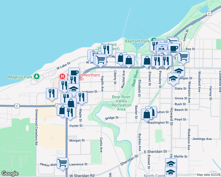 map of restaurants, bars, coffee shops, grocery stores, and more near 316 Jackson Street in Petoskey