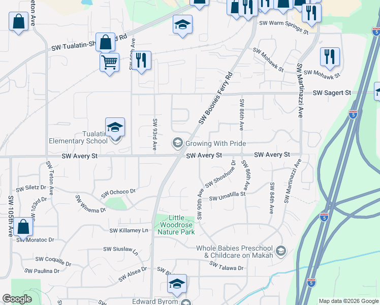 map of restaurants, bars, coffee shops, grocery stores, and more near 9025 Southwest Avery Street in Tualatin