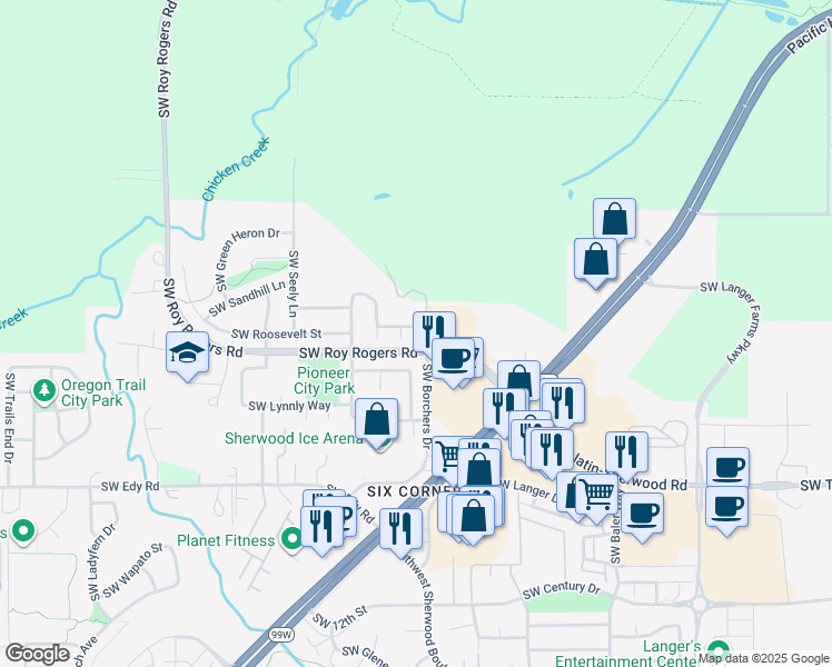 map of restaurants, bars, coffee shops, grocery stores, and more near 16568 Southwest Sidney Lane in Sherwood