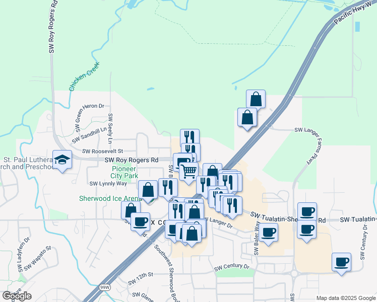 map of restaurants, bars, coffee shops, grocery stores, and more near 20512 Southwest Roy Rogers Road in Sherwood