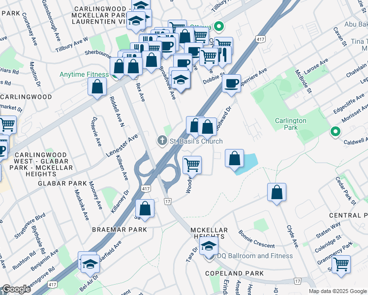 map of restaurants, bars, coffee shops, grocery stores, and more near 1741 Woodward Drive in Ottawa