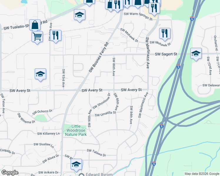 map of restaurants, bars, coffee shops, grocery stores, and more near 8645 Southwest Avery Street in Tualatin