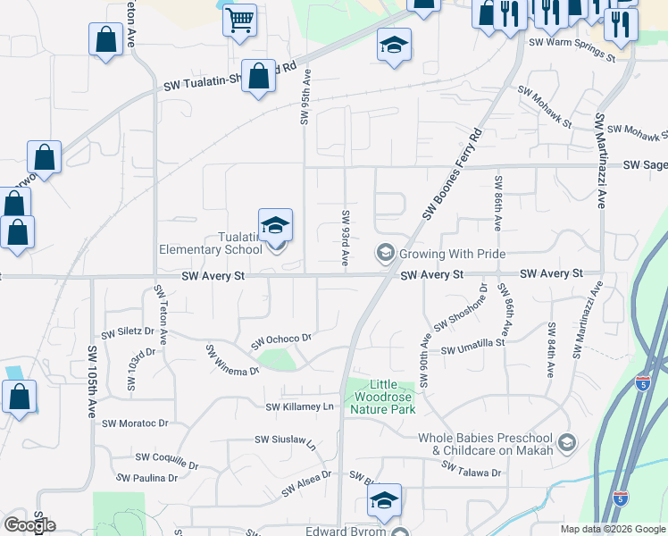 map of restaurants, bars, coffee shops, grocery stores, and more near 9334 Southwest Nez Perce Court in Tualatin