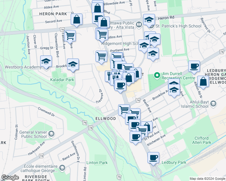 map of restaurants, bars, coffee shops, grocery stores, and more near 1800 Bank Street in Ottawa