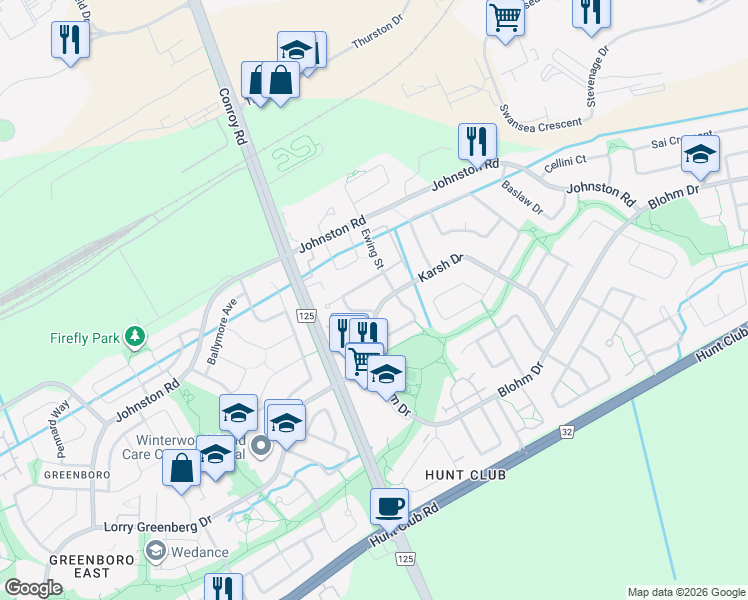 map of restaurants, bars, coffee shops, grocery stores, and more near 853 Karsh Drive in Ottawa