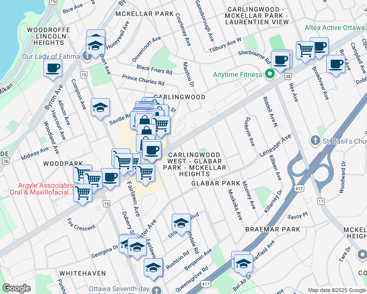 map of restaurants, bars, coffee shops, grocery stores, and more near 805 Kingsmere Avenue in Ottawa