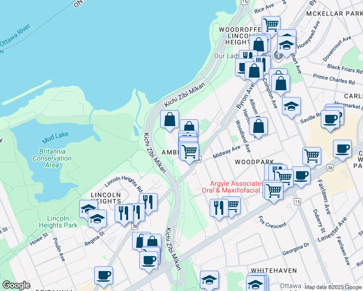 map of restaurants, bars, coffee shops, grocery stores, and more near in Ottawa