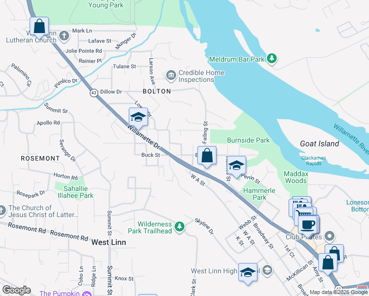 map of restaurants, bars, coffee shops, grocery stores, and more near 6275 Davenport Street in West Linn