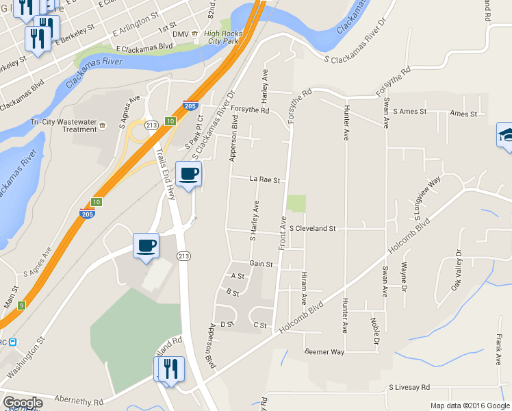 map of restaurants, bars, coffee shops, grocery stores, and more near 16164 South Harley Avenue in Oregon City