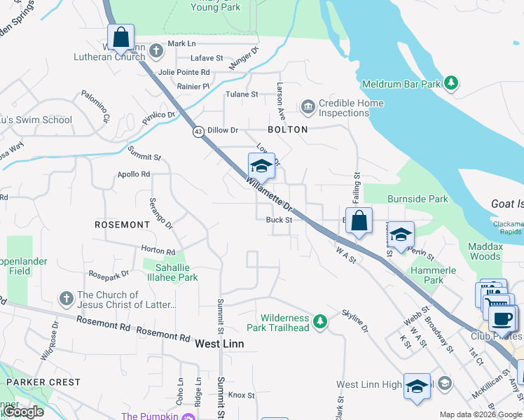 map of restaurants, bars, coffee shops, grocery stores, and more near 6255 Barlow Street in West Linn