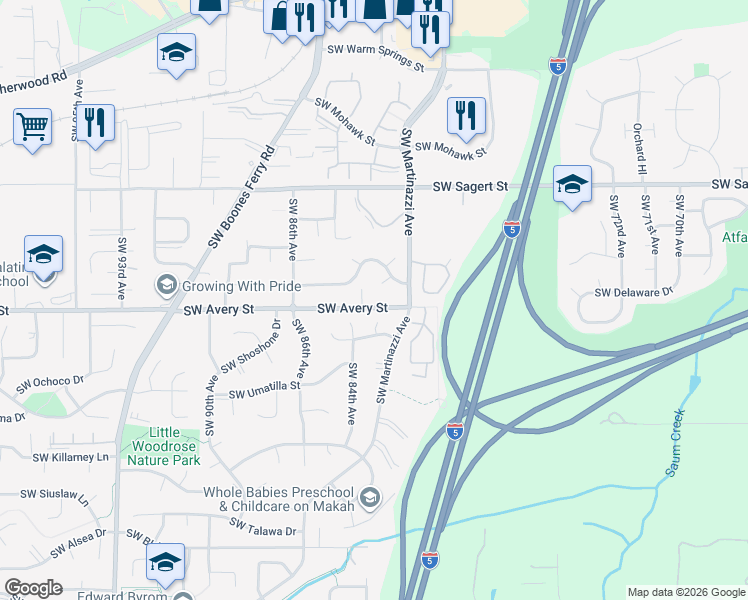 map of restaurants, bars, coffee shops, grocery stores, and more near 8235 Southwest Avery Street in Tualatin