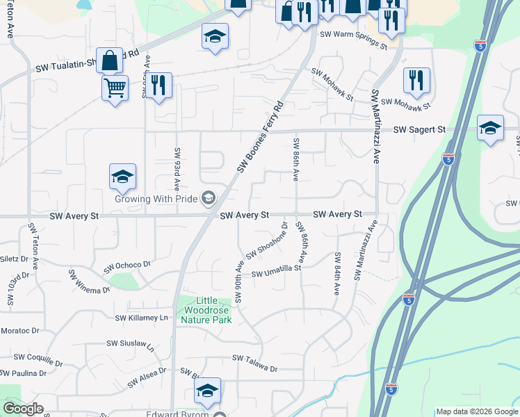 map of restaurants, bars, coffee shops, grocery stores, and more near 8815 Southwest Avery Street in Tualatin