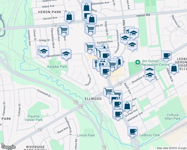 map of restaurants, bars, coffee shops, grocery stores, and more near 75 Glenhaven Private in Ottawa