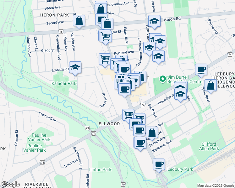 map of restaurants, bars, coffee shops, grocery stores, and more near 1800 Bank Street in Ottawa