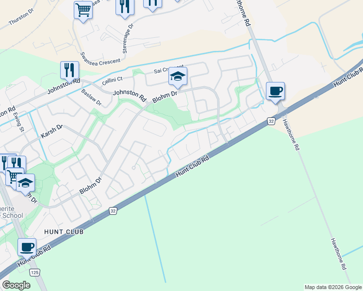 map of restaurants, bars, coffee shops, grocery stores, and more near 12 Degas Court in Ottawa