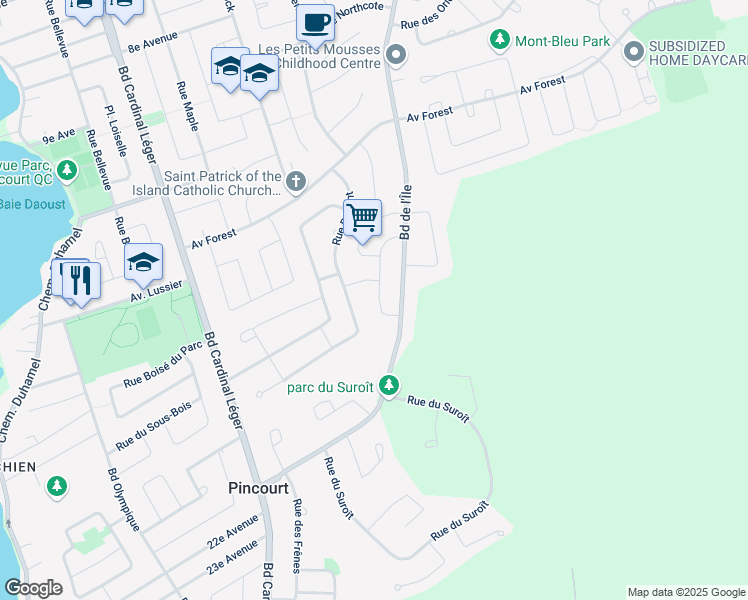 map of restaurants, bars, coffee shops, grocery stores, and more near 623 Rue des Merisiers in Pincourt