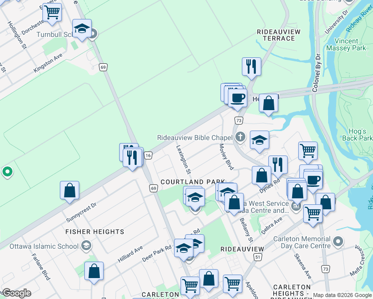 map of restaurants, bars, coffee shops, grocery stores, and more near 218 Wilshire Avenue in Ottawa