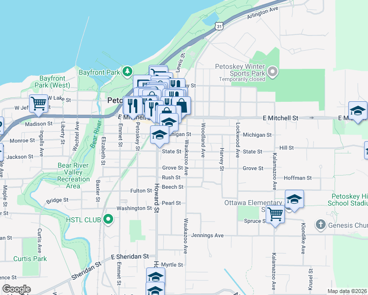 map of restaurants, bars, coffee shops, grocery stores, and more near 429 State St in Petoskey