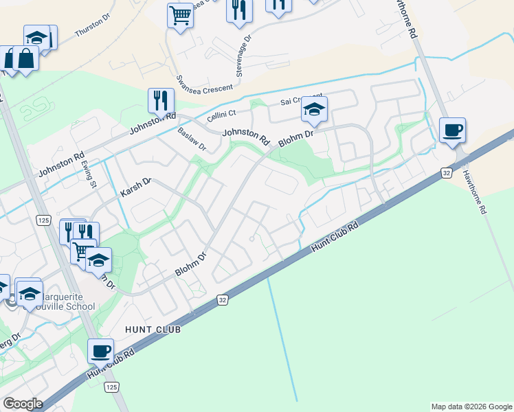 map of restaurants, bars, coffee shops, grocery stores, and more near 8 Hime Crescent in Ottawa