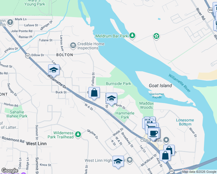 map of restaurants, bars, coffee shops, grocery stores, and more near 6270 Irving Street in West Linn