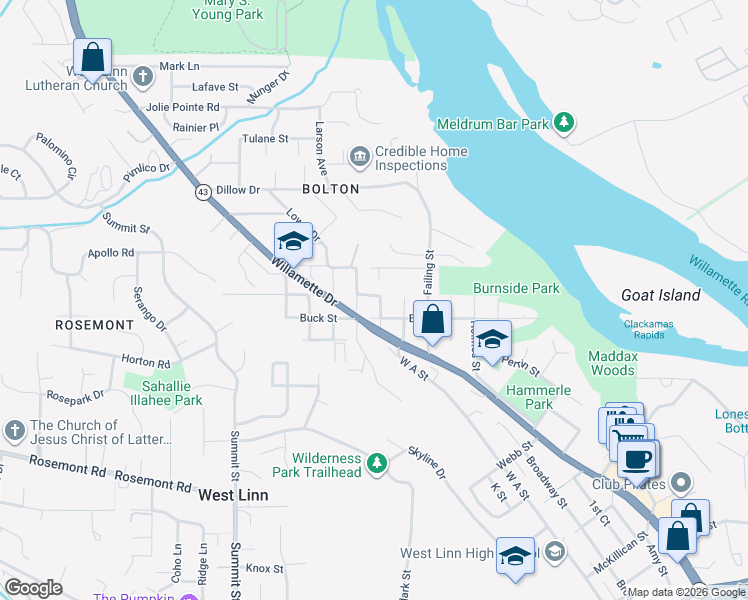 map of restaurants, bars, coffee shops, grocery stores, and more near 6275 Davenport Street in West Linn