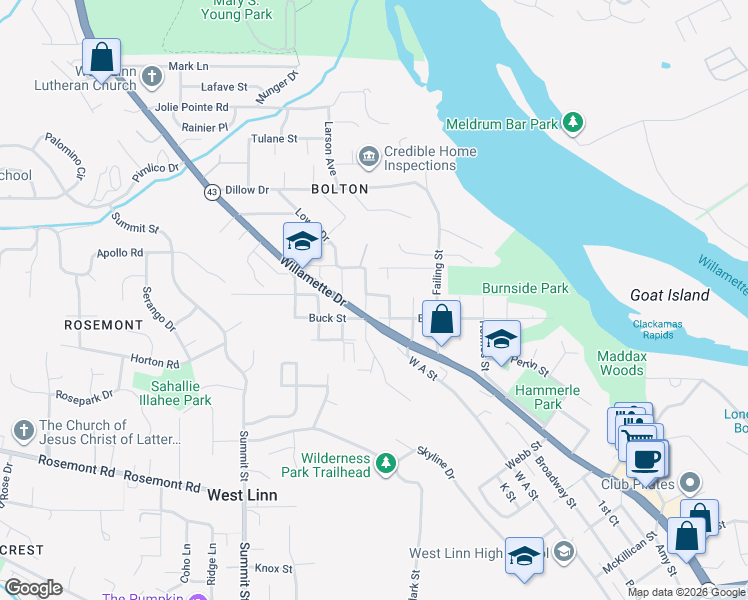 map of restaurants, bars, coffee shops, grocery stores, and more near 6280 Caufield Street in West Linn