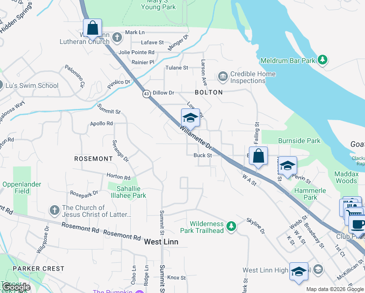 map of restaurants, bars, coffee shops, grocery stores, and more near 6255 Barlow Street in West Linn