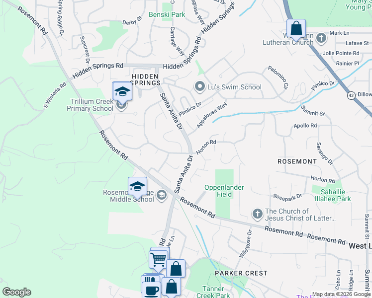 map of restaurants, bars, coffee shops, grocery stores, and more near 2001 Conestoga Lane in West Linn