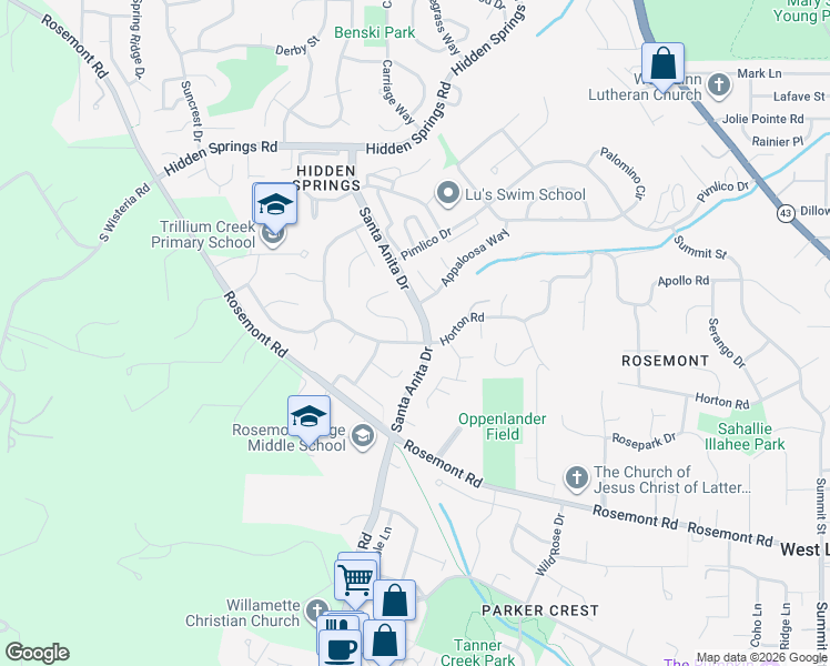 map of restaurants, bars, coffee shops, grocery stores, and more near 2001 Conestoga Lane in West Linn