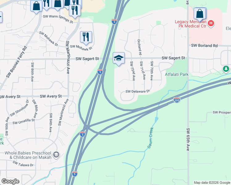 map of restaurants, bars, coffee shops, grocery stores, and more near 7321 Southwest Delaware Circle in Tualatin
