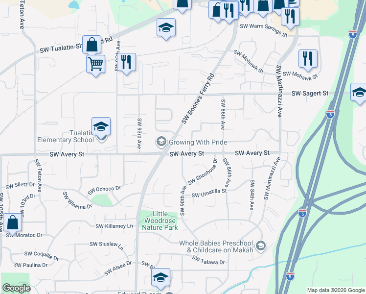 map of restaurants, bars, coffee shops, grocery stores, and more near 8965 Southwest Avery Street in Tualatin