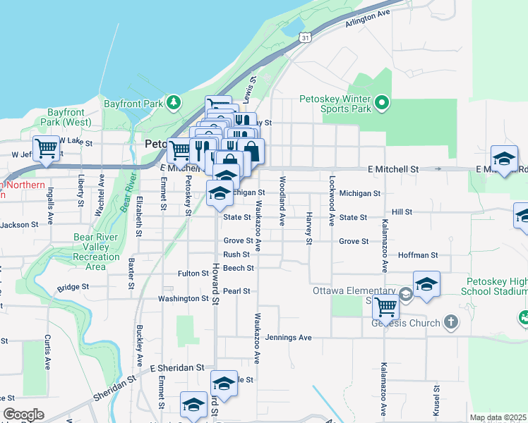 map of restaurants, bars, coffee shops, grocery stores, and more near 505 State Street in Petoskey