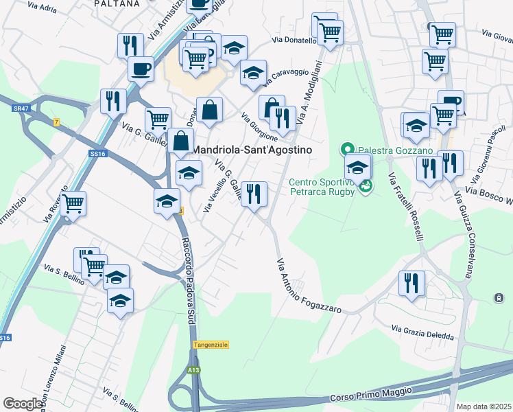 map of restaurants, bars, coffee shops, grocery stores, and more near 416 Via Galileo Galilei in Mandriola-sant'agostino