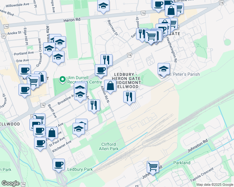 map of restaurants, bars, coffee shops, grocery stores, and more near 1442 Heatherington Road in Ottawa