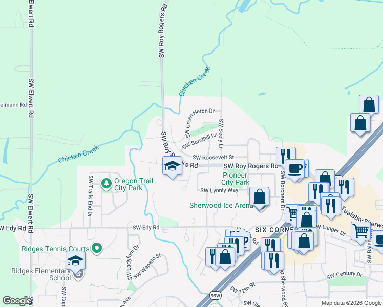 map of restaurants, bars, coffee shops, grocery stores, and more near 17221 Southwest Roosevelt Street in Sherwood