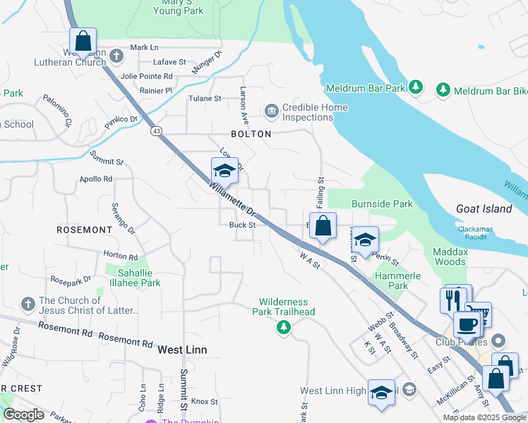 map of restaurants, bars, coffee shops, grocery stores, and more near 6280 Caufield Street in West Linn