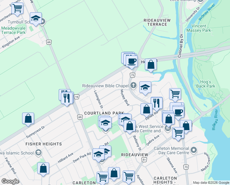 map of restaurants, bars, coffee shops, grocery stores, and more near 176 Sanford Avenue in Ottawa