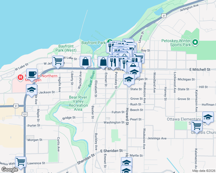 map of restaurants, bars, coffee shops, grocery stores, and more near 203 State Street in Petoskey