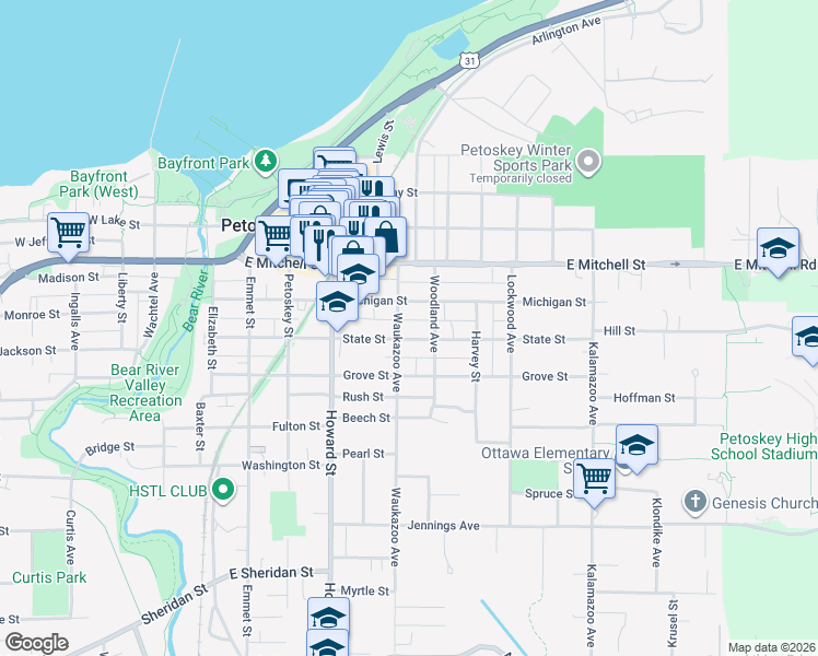 map of restaurants, bars, coffee shops, grocery stores, and more near 505 State Street in Petoskey