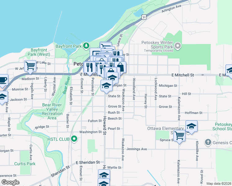 map of restaurants, bars, coffee shops, grocery stores, and more near 429 State St in Petoskey