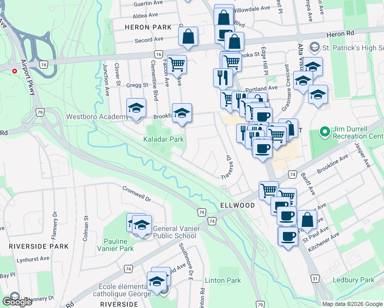 map of restaurants, bars, coffee shops, grocery stores, and more near 2586 Yarmouth Crescent in Ottawa