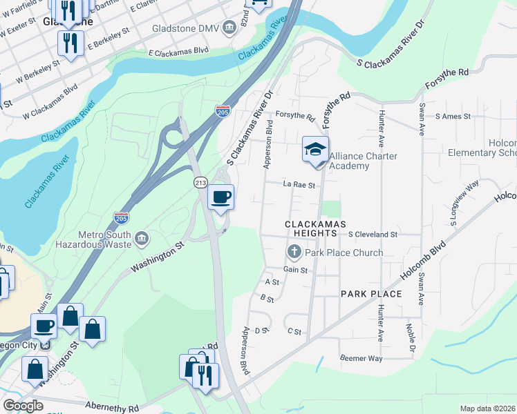 map of restaurants, bars, coffee shops, grocery stores, and more near 16141 Apperson Boulevard in Oregon City