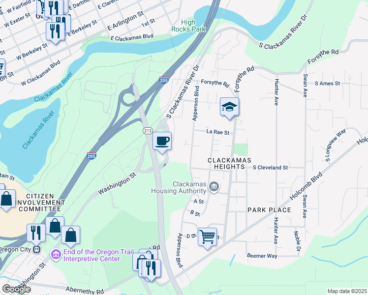 map of restaurants, bars, coffee shops, grocery stores, and more near in Oregon City