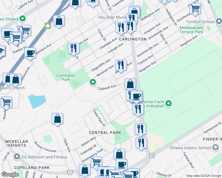 map of restaurants, bars, coffee shops, grocery stores, and more near 1500 Caldwell Avenue in Ottawa